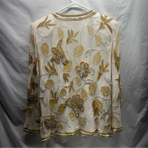 Vintage Rina Z beaded sequin silk jacket sz L Cream Silver Gold Floral -RARE- - Picture 13 of 14